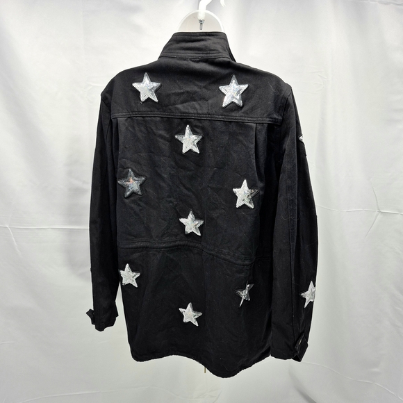 Buddy Love Black Sequin Star Military Utility Jacket Cotton Canvas Parker Cargo - Picture 3 of 13